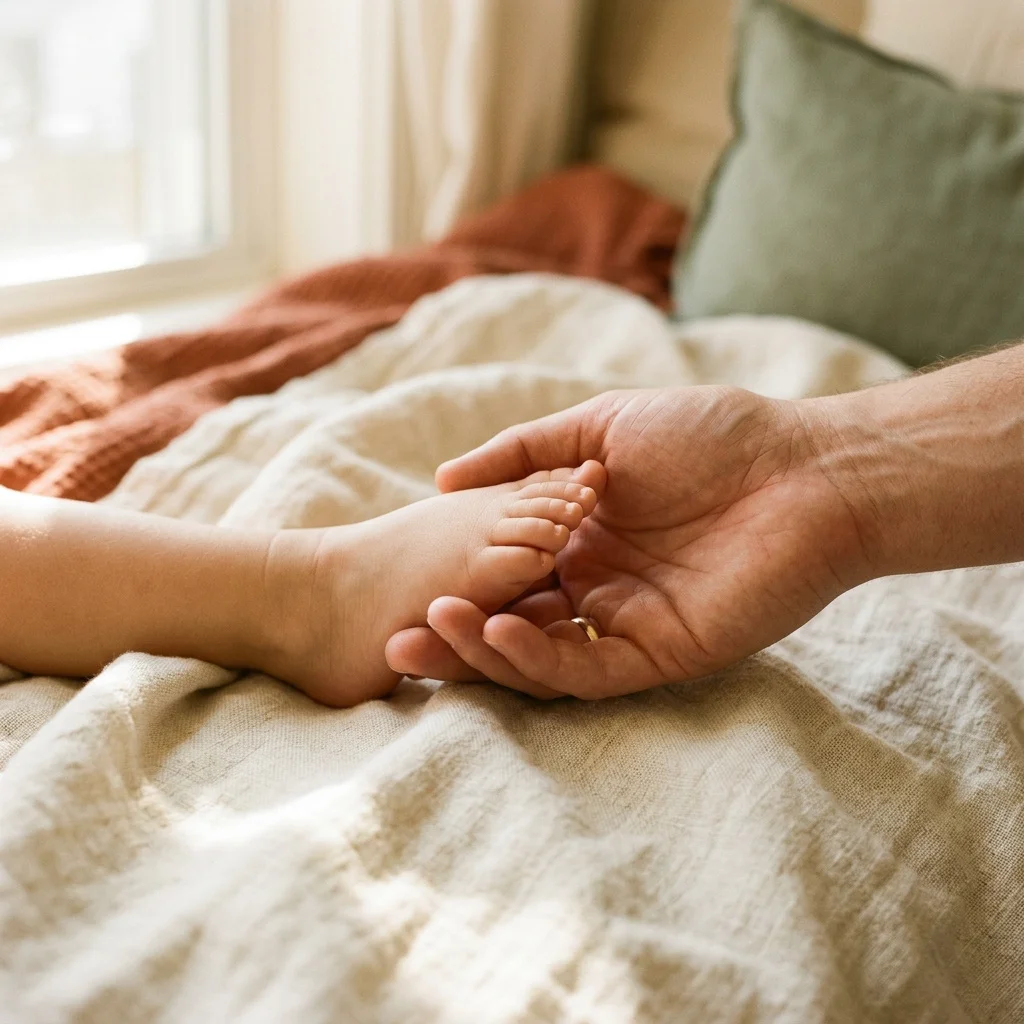 An adult hand gently cradling a small toddler's foot on a cream linen blanket