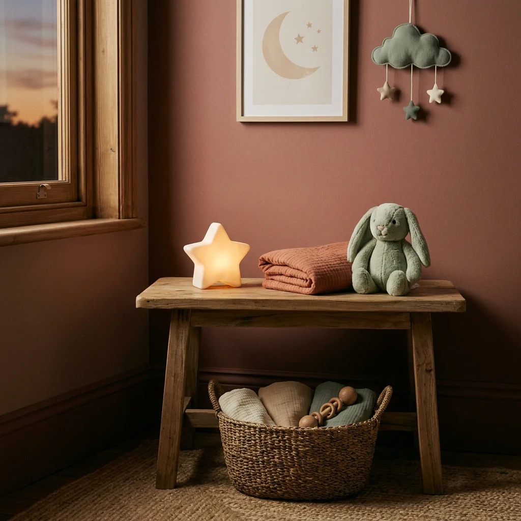 A nursery corner at dusk with a star-shaped night light, a folded blanket, and a plush bunny