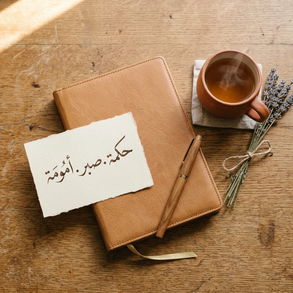 An open notebook with handwriting, a steaming mug of tea, and a children's book on a wooden table