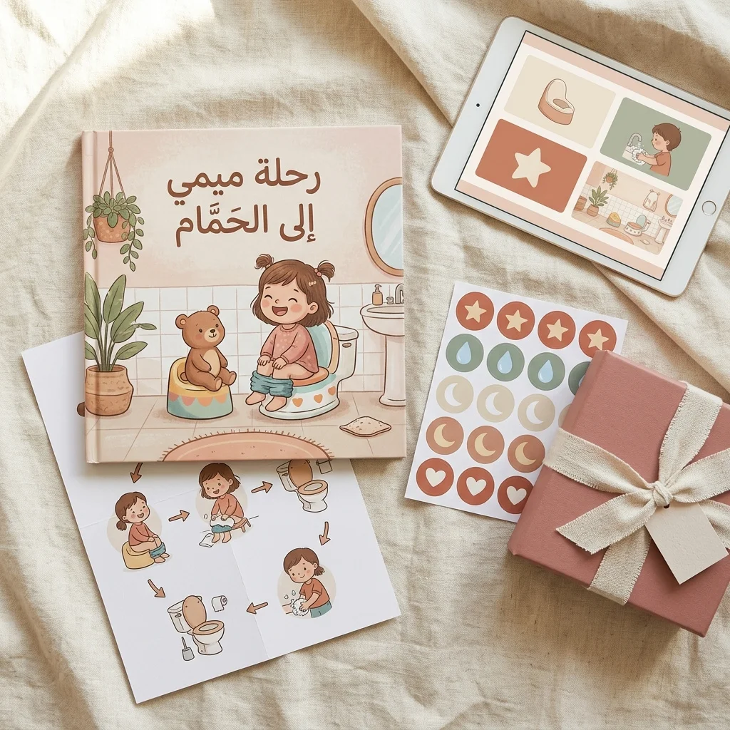 The full bundle: the Mimi storybook, the training program, the stickers, the gift, and a tablet showing the course